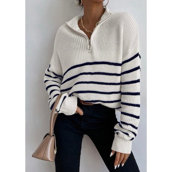 Sweaters - Striped White Black Knit Sweater Quarter Zip Relaxed Fit Sailor Minimalist Cozy